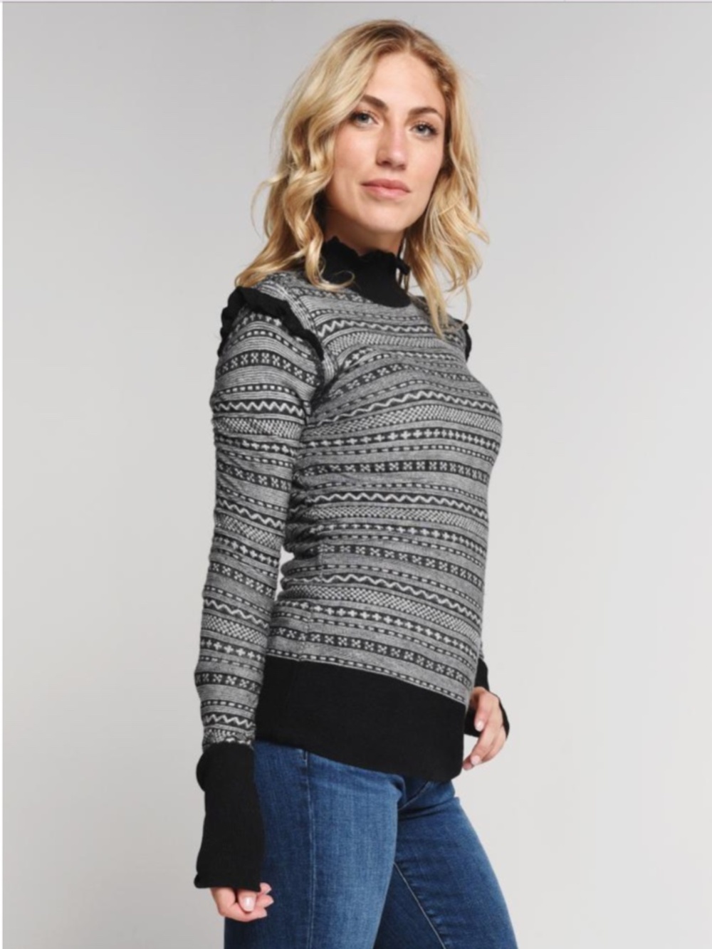 Obermeyer Charmoise Knit Turtleneck, Black White Large Outdoors Scandi Girl Silk